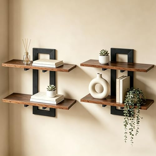 Awhtixbo Wandregal Holz Schwebend, 40x38x13,5cm Braun Wandregal-Set 2er mit Eisen Schwebende Wandboard mit Tragkraft für Küche, Bad, Wohnzimmer & Schlafzimmer
