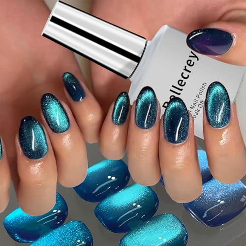 Ice Lake Blue Cat Eye Gel Nail Polish Dark Blue Magnetic Nail Gel Polish Soak Off Holographic Cateye Manicure Nail Art Salon DIY at Home