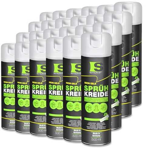Spraytive 24 x 500 ml de tiza en aerosol amarillo neón – Pintura de tiza luminosa lavable – Pintura de tiza para exteriores, pintura para exteriores, marcador temporal, spray de pintura para asfalto,