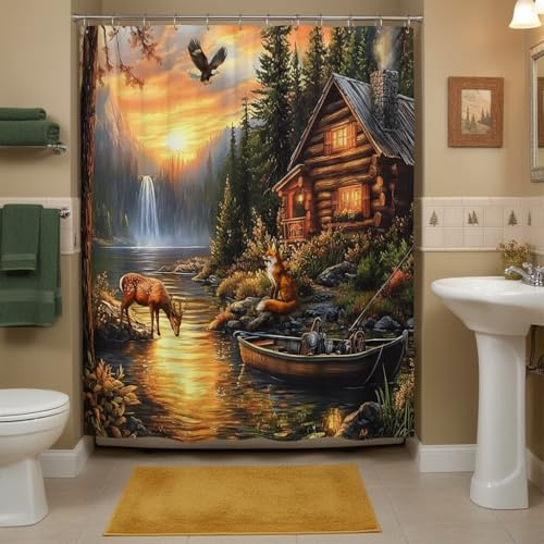 ZFMRZF Rustic Cabin Fish Shower Curtain Fishing Lodge Deer Lake 70x70 Inch