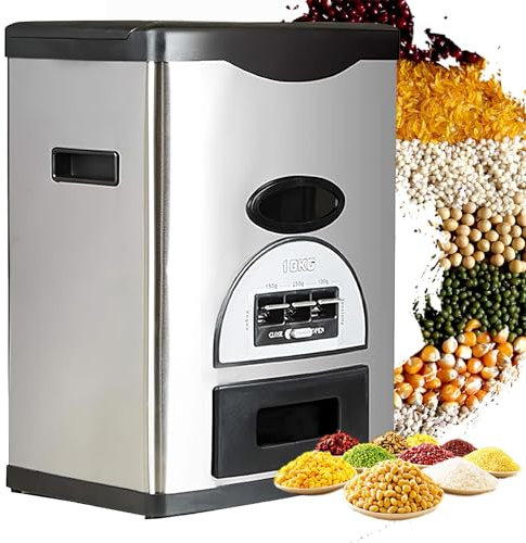 FBJAMZ Cereal Container, Stainless Steel Rice Dispenser, Automatic Metering, Dry Food Dispenser Storage,for Kitchen Pantry (Black 10kg)