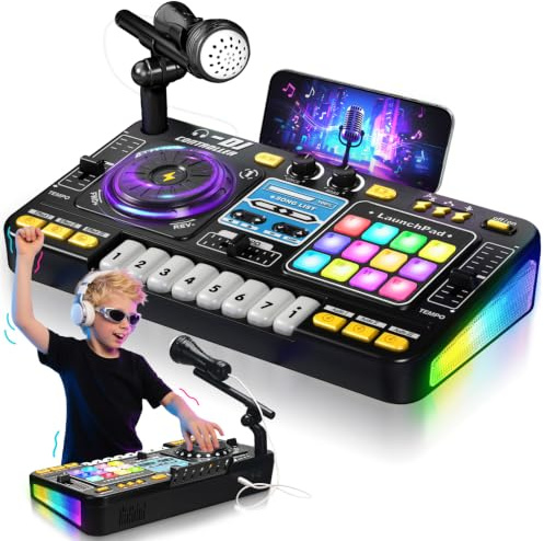 Mezclador de DJ para niños, mesa de mezcla de DJ con tocadiscos de DJ, modo de juego, control de luz y velocidad y micrófono, regalos para niños y niñas de 3, 4, 5, 6 años, juego de mezclador de DJ