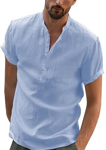 JESDM Leinen Hemd Herren Kurzarm Sommer Shirt Männer Henley mit Brusttasche Universal Fit M-3XL