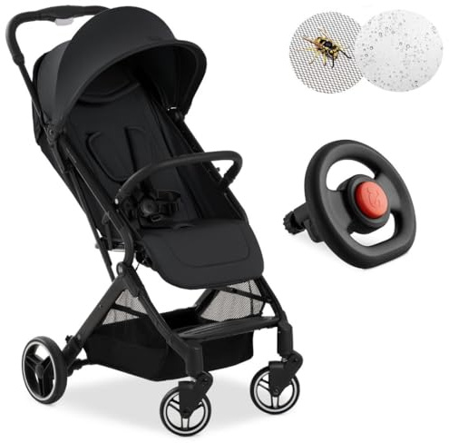 Hauck Reisebuggy Travel N Care Plus mit Spielzeug-Lenkrad | Sportwagen ab Geburt bis 22 kg mit Liegefunktion, UV-Schutz 50+, Regen- und Insektenschutz | klein zusammenklappbar - Black