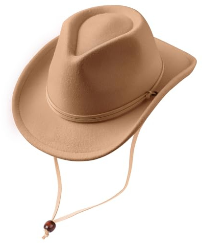 DRESHOW Chapeau Cowboy Fille Garçons Chapeau Panama Rétro Fedora Classique en Feutre avec Boucle de Ceinture Casquettes avec Cordon de Serrage Unisexes Enroulées pour Enfants 4-12 Ans