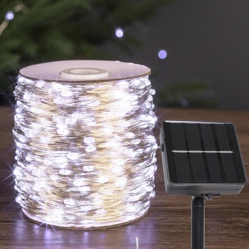 PCORES Solar Lichterketten für den Außenbereich 12 M 240 LED kaltweiß | Wasserdichte Solar‑Blinklichter, 8‑Modus, für Weihnachtsbaum, Terrasse, Zaun, Party, Garten, Hof und Heim‑Außenbereich