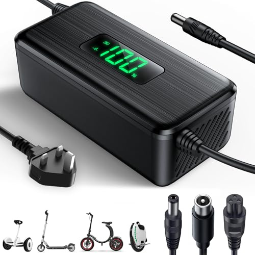 42V 2A Electric Scooter Charger with LED Charging Display (1-100%), for Hoverboard with 4 Connectors, UK Universal Charger for All 36V Batteries, 6 Layer Protection, for N-inebot,Xiaomi
