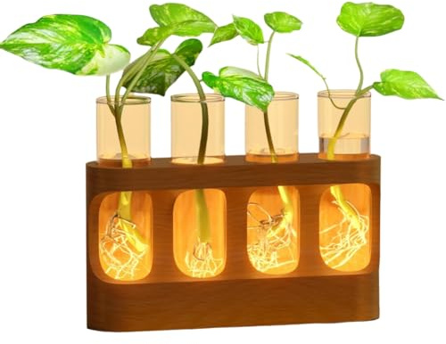 Ujjdwiurgh 9-fach verstellbare LED-Lichter, Pflanzenanzuchtstation, Pflanzenterrarium mit Holzständer, 4 Reagenzglasvasen