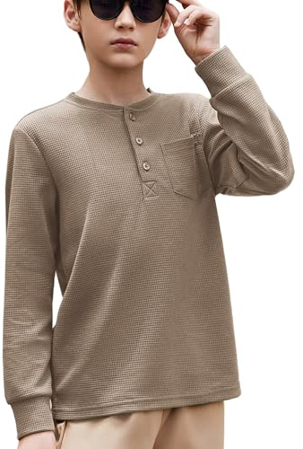 Arshiner Pojkar långärmad t-shirt för barn, långärmad tröja med rund hals, enfärgade toppar, höst, vinter, t-shirts, toppar, basic, fritidströja med bröstficka, 5–12 år, kaki, 160
