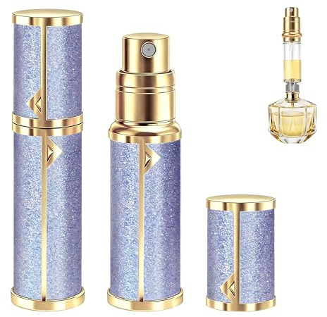 Perfume Atomisers Refillable Travel Spray Bottle 5ml Mini Atomiser Violet | Vacuum Seal, Leakproof, Fine Mist, Aluminium Alloy, Handbag Size, Gift for Lovers, Adaptors Included, Portable, Gold Accent
