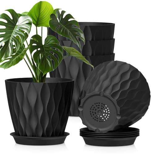 WSMKSZ 20 cm Plant Pots Indoor Outdoor Plants, 5 Pack Thick Plastic Flower Pots with Drainage Holes & Saucers, 3D Modern Wave Texture, Medium Decorative Planter Pots for Monstera, Geranium, Black