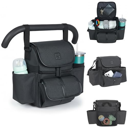 Baby Stroller Organizer - NT·hut, 2 wide Cup Holders, Extra Space Essentials Storage, Shoulder Strap, Fit 11 Tablet , Zipper & Mesh Pockets, Universal Easy Fit, durable water-resistant fabric (Black)