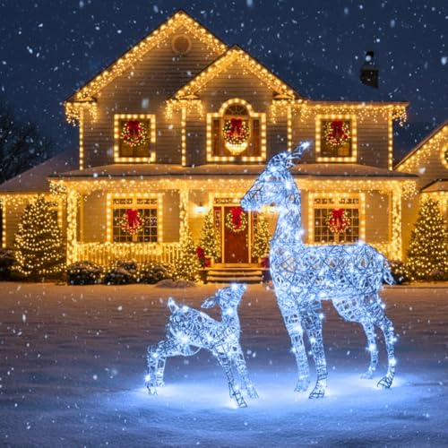 Light Up Christmas Reindeer & Fawn Decorations - 90CM & 40CM - 230 Warm/Cool White LED Lights – Outdoor Xmas Deer Figure with Timer, Mains Powered Festive Yard & Home Garden Display