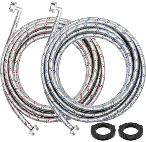 Sosation 25ft Washing Machine Hoses (2 Pack) with 90° Elbow & Straight End for Flexible Installation - Octagon Connections - Burst-proof Braided Stainless Steel Washer Supply Lines - Universal Fit