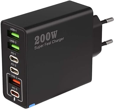 Chargeur USB C 200W 6 Ports (4 USB-C + 2 USB-A), PD3.0 PPS QC4.0, Bloc Secteur Compact Charge Rapide pour i Phone Mac Book, Sam Sung, Pad, Steam Deck