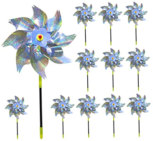 Moulins à vent pour jardin, 12 pièces, répulsif réfléchissant pour oiseaux, dissuasion de pigeons avec piquets, moulinet de jardin, moulin à vent scintillant pour effrayer les oiseaux et les animaux