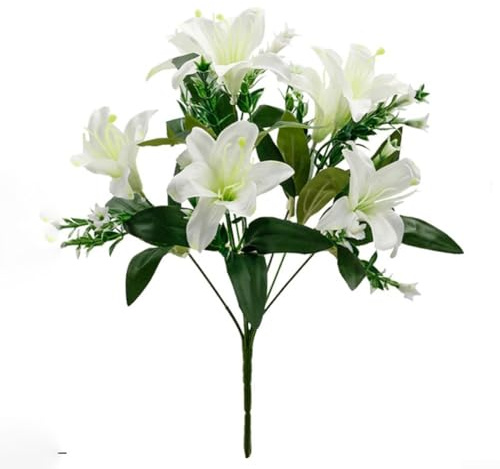 Bouquet di giglio artificiale realistico, decorazione per matrimonio e casa, composizione floreale in seta, 40 x 20 x 10 cm, set da 2 pezzi (bianco)