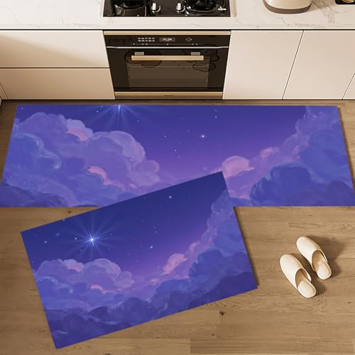 Conjuntos de Alfombras de Cocina, Dibujos Animados De Ensueño Nubes Estrellas, 2 Piezas Alfombra Antideslizante Lavable para Baño/Cocina, Alfombra para Piso Que Atrapa el Agua, 40x60cm+40x120cm