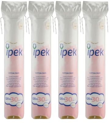 Ipek Baumwoll-Make-up-Entferner-Pads, 100% reine Baumwolle, hypoallergen, extra saugfähig, mehrlagig genäht, fusselfrei, rund, 600 Stück (4 x 150 Stück)