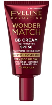 Eveline Cosmetics Wonder Match BB Cream SPF 50, crema giorno colorata per lucentezza satinata e idratazione, copertura costruibile con acido ialuronico, niacinamide e CICA