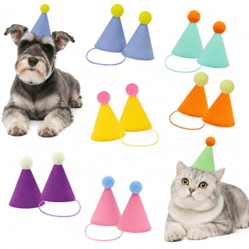 12 Stück Mini Partyhüte für Kuscheltiere und Haustiere | Mehrfarbige Tierparty Dekoration, Geburtstagsmützen für Hunde, Katzen, Kaninchen und Plüschfiguren, mit Farbigen Schnüren