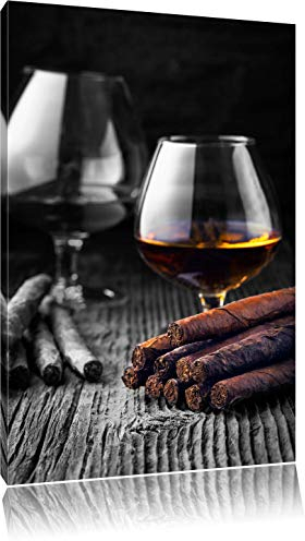 Pixxprint Edler Whisky mit Zigarren auf rustikalem Holztisch B&W, Größe: 80x60cm, Leinwandbild, fertig gespannt, Wandbild, Dekoration, Kunstdruck, kein Poster