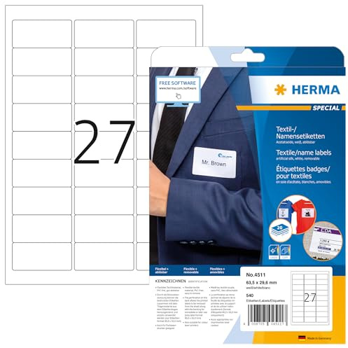 HERMA 4511 namnetiketter A4 avtagbart (63,5 x 29,6 mm, 20 ark, acetatsilke) självhäftande, utskrivbara, avtagbara namnklistermärken utan rester, 540 klistermärken, vit