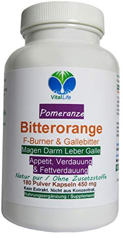 Bitterorange F-Burner & Gallebitter für Magen + Darm + Leber + 180 Pulver Kapseln. NATUR PUR. 26469-180