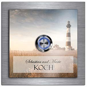 Premium Designer Türklingel mit Namen - Wunschtext | LED-Klingelknopf 10x10 cm | Modell: Koch - beschriftete Klingel aus Hochglanz Acrylglas und Edelstahl Klingelschild Taster beleuchtet