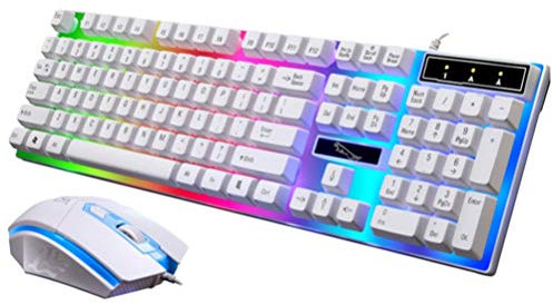 Solustre Wired Backlight Keyboard and Mouse Kit Rainbow Backlit Gaming Keyboard Usb Optical Game Mouse Sets for Working or Gaming (White)