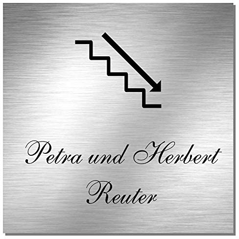 Edelstahl Türschild Namensschild Hinweisschild mit Treppe, Pfeil und individueller Laser-Gravur, Größe ca. 100 mm x 100 mm * Modell Reuter