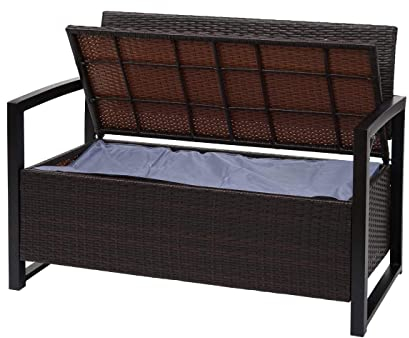 Mendler Poly-Rattan 2er Sitzbank HWC-F39, Gartenbank Truhenbank, Staufach Aufbewahrung Sitzkissen - braun, Kissen Creme
