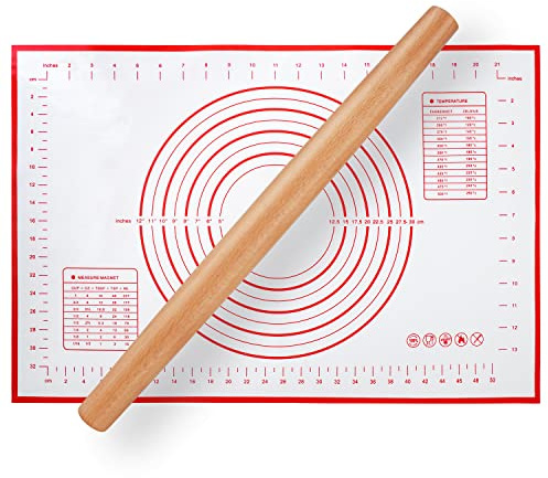 Wood French Rolling Pin for Baking, QUELLANCE Wooden Dough Roller with Silicone Baking Mat, Beech Wood Rolling Pins for Baking Dough, Pizza, Pie, Pastries, Pasta and Cookies,Red Pastry Mat
