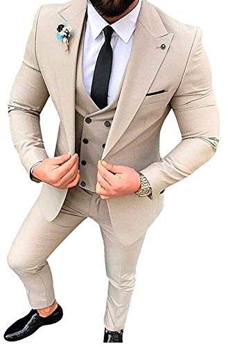 Costume 3 pièces à revers cranté pour homme - Coupe ajustée - Pour mariage, bal de fin d'année, veste, gilet et pantalon, beige, 94