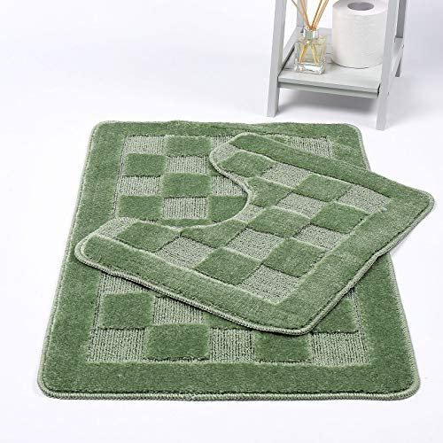 NIGHTZONE Squares 2 Piece Bath Mat & Pedestal Set Non Slip Extra Absorbent Bathroom Toilet Rug Bath Mats Set (Sage Green)