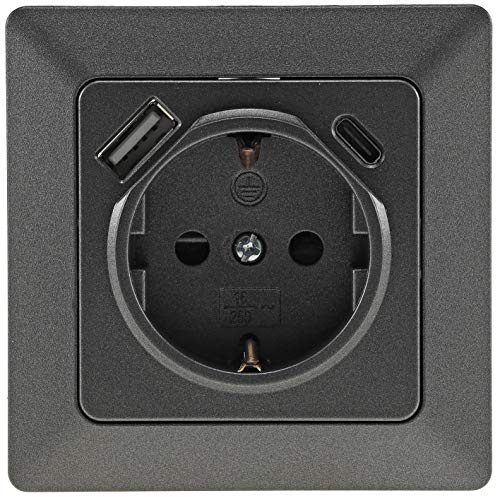 ChiliTec MILOS Steckdose mit USB-C, Unterputz, 250V/16A, Anthrazit | USB-A, Klemmanschluss, Schutzkontakt, Erhöhter Berührungsschutz