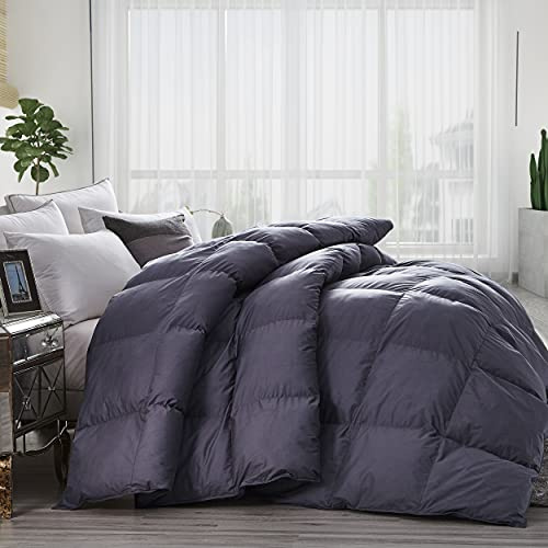 Luxurious King Size Goose Down Feather Fiber Comforter Duvet Insert, 100% Egyptian Cotton Cover, 70 oz. Fill Weight Comforter (King, Gray Solid)