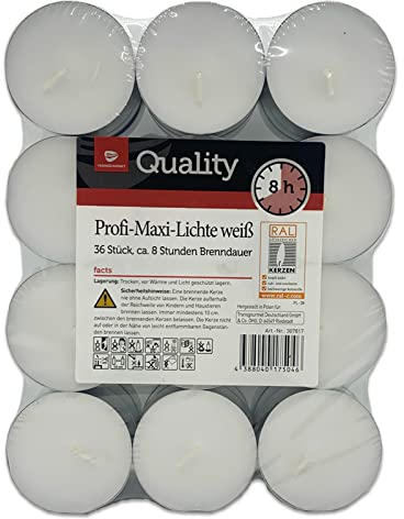 Teelichter XXL | 8 Std | weiß ohne Duft - Großpackung 36-144 Stk. | 40g Wachsgewicht | aus Paraffinwachs - Jumbo Teelichte, Maxiteelichter, Maxilichter (144 Stück + 1 HL Kauf Notizblock)