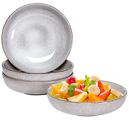 HENXFEN LEAD Set de 4 Bols Ronds en Céramique - Saladiers de 740mL Avec Design Classique - Bol à Soupe Exquis pour 4 Personnes, Adapté Pour Micro-ondes/Four/Lave-vaisselle, Gris Clair