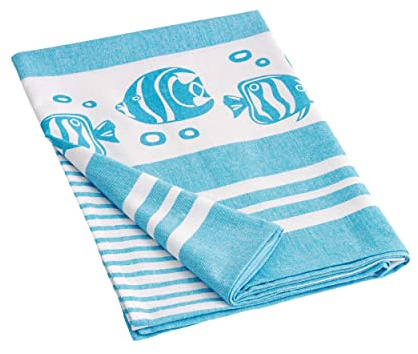 Baroni Home Telo Mare con nappe colorate, Pareo, Telo da Yoga, Asciugamano da Spiaggia Hammam, Super Assorbente e Asciugatura Rapida, Ecologico, 90x170 cm (Pesci Azzurri)