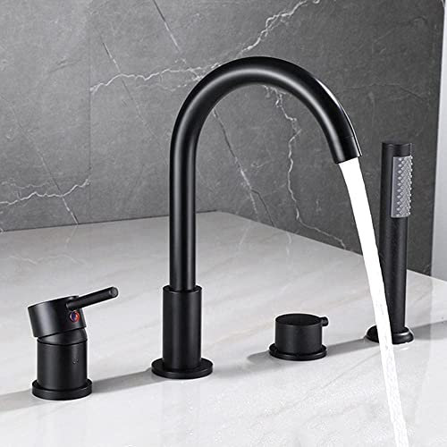 YRUIIA 4-Loch Wannenrandarmatur Wannenkombination Wannenarmatur Kalt und Kalt Multifunktions Wasserhahn Badewanne Armatur Badewannenarmatur mit Ausziehbarem Handbrause-Schwarz