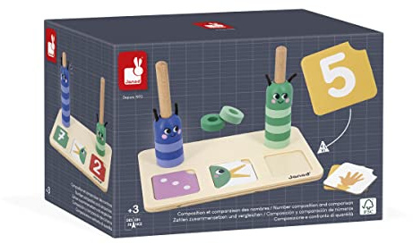 Janod - Pädagogische Produktpalette - Zahlen Zusammensetzen und Vergleichen - 23 Zubehörteile aus FSC-Holz + 33 Karten - Pädagogisches Kinderspielzeug - Ab 36 Monaten, J05085