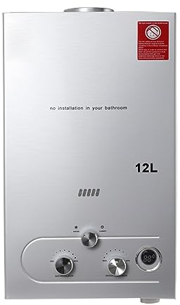 SUDEG Gas Durchlauferhitzer,12L LPG Warmwasserbereiter 24KW Instant Heißwasserbereiter Flüssiggas Durchlauferhitzer Warmwasserspeicher mit Plating-Duschkopf-Set,Silber