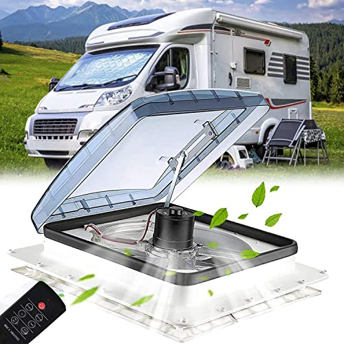 12 V Wohnmobil-Dachventilator, 35,6 x 35,6 cm, Wohnwagen-Dachventilator, Wohnmobil-Lüfter mit wendbarem Ventilator, mit Regensensor und Fernbedienung, für Wohnmobil, Anhänger, Camper, Wohnmobil (mit
