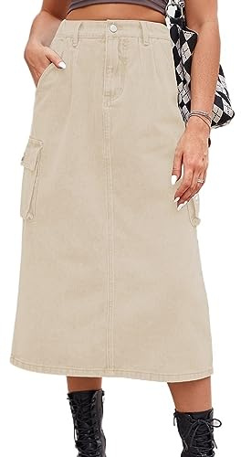 Falda Vaquera Midi de Cintura Alta para Mujer Elegante Vintage A-Line Flare Faldas Largas de Mezclilla con Bolsillo (Color : Beige, Size : L)