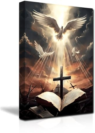 CXHOSTENT Heilige Bibel Kreuz Bild auf Leinwand Christliches Leinwandbild Das Kreuz und die Friedenstaube Wanddekoration Jesus Bilder Gott Poster (A, 40.00 x 60.00 cms)