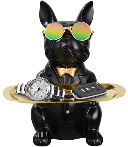 Französische Bulldogge Storage Tablett Sculpture, Bulldogge mit Münze Depot Aufbewahrungs, Multifunktions Schlüsselschale Bulldogge Figur mit Tablett, Französische Hund Butler Aufbewahrungsbox