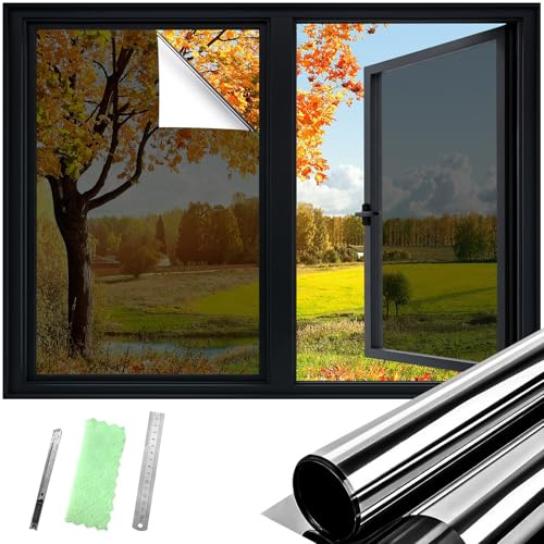 DUOFIRE One Way Window Film Privacy See Out Not in Heat Blocker Window Tint Reflective Mirror Windows Tinting Film for Home Static Cling Anti-UV Sun Blocking Windows Covering（Black, 17.4x78.7in）