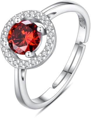 INFUSEU Geburtsstein Ring, 925 Sterling Silber Geburtsstein Granat Ringe für Damen Januar Personalisierbar Verstellbar Offene Bänder Zirkonia Ringe Geschenke für Frauen Mädchen