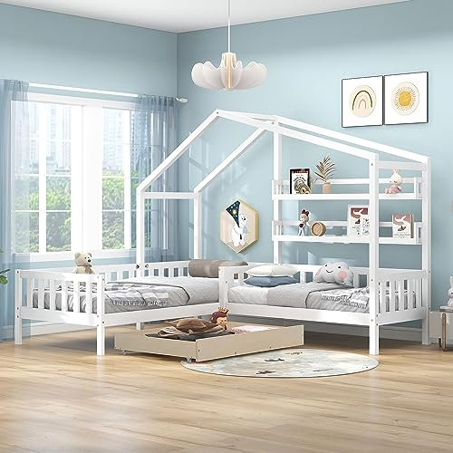 MQLAE Kinderbett Hausbett mit Schubladen und Regalen, Massivholz Kinderbett für 2 Kinder, L-Struktur, Spielbett Holzbett mit Zaun und Lattenrost, 90x200 cm+140x70cm, ohne Matratze (Weiß)